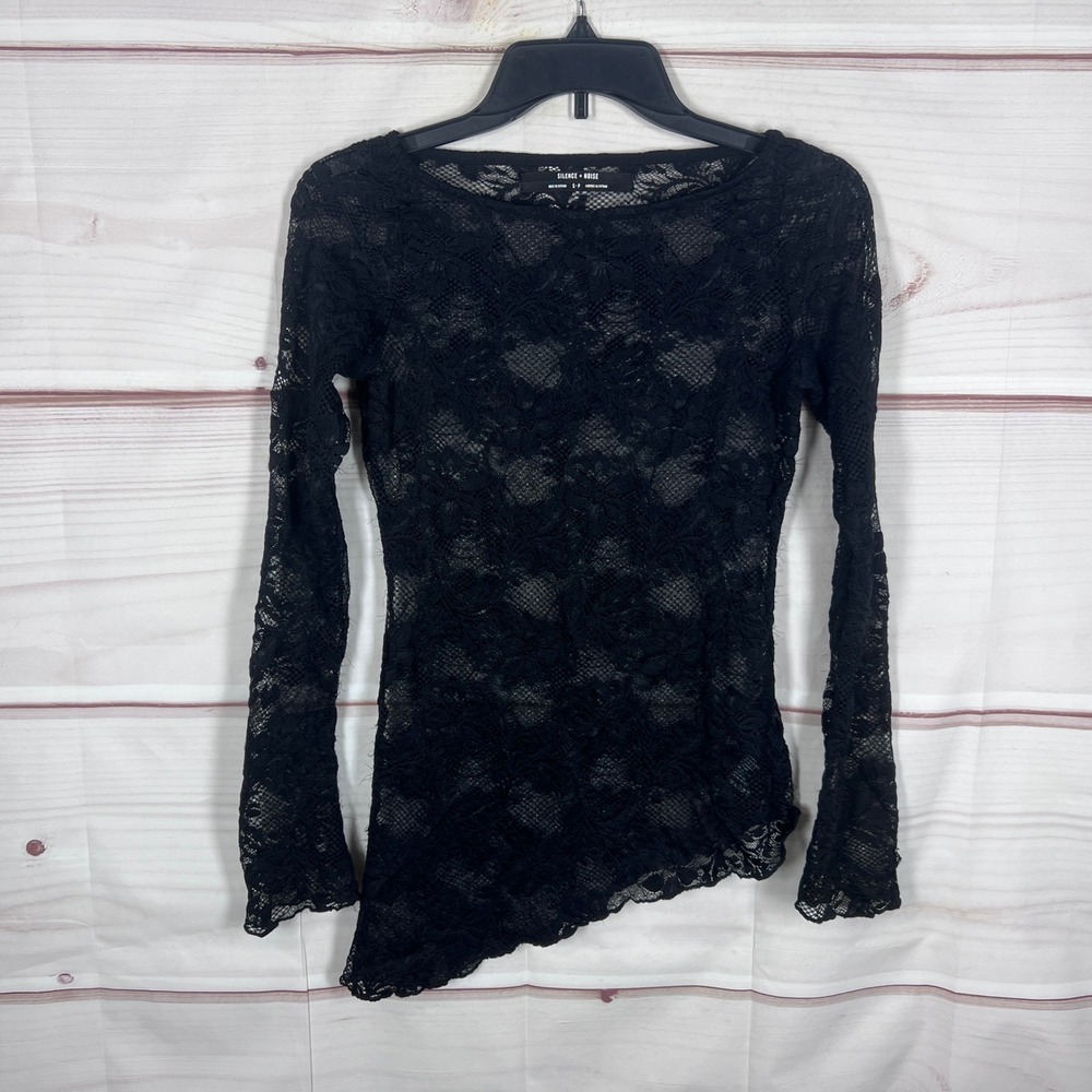 Silence + Noise Y2K Lace Top Womens Small Black Asymmetrical Long Sleeve Sheer